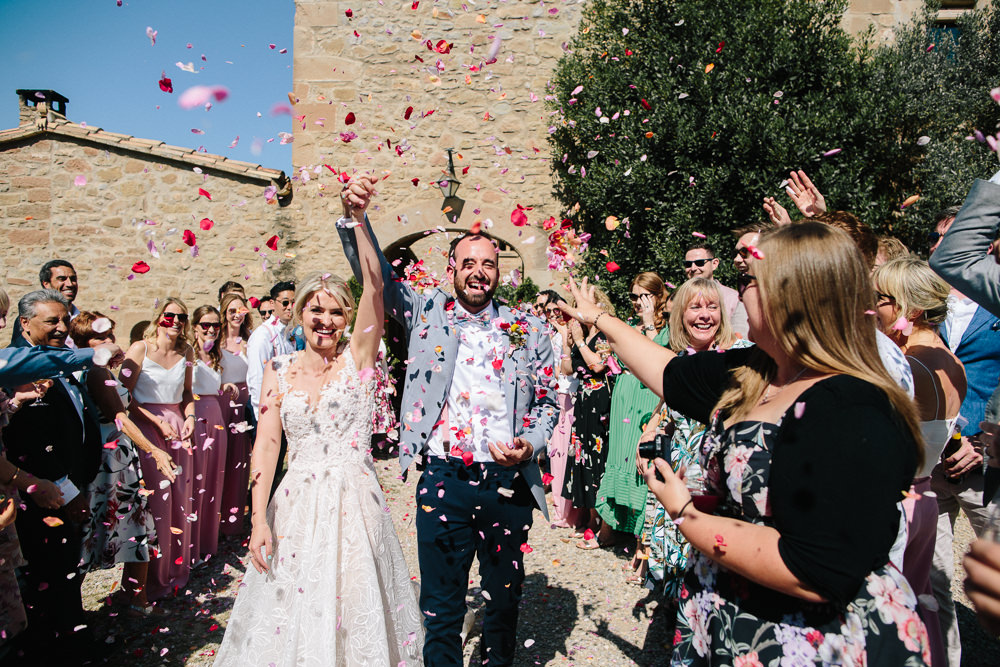 Bride Bridal Lace Strappy Sleeveless Embellished Dress Gown Mismatched Bow Tie Groom Confetti Forest Spain Destination Wedding Dan Hough Photography