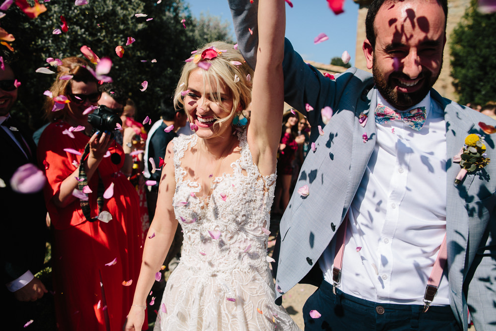 Bride Bridal Lace Strappy Sleeveless Embellished Dress Gown Mismatched Bow Tie Groom Confetti Petals Forest Spain Destination Wedding Dan Hough Photography