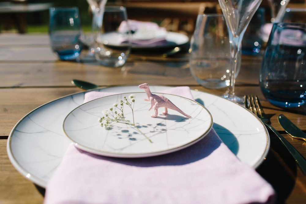 Place Setting Marble Effect Plates Gypsophila Pink Dinosaur Forest Spain Destination Wedding Dan Hough Photography