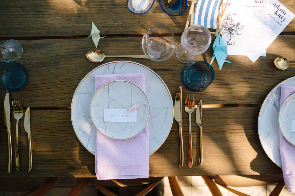 Table Place Setting Gold Cutlery Marble Effect Crockery Pink Dinosaur Napkin Forest Spain Destination Wedding Dan Hough Photography