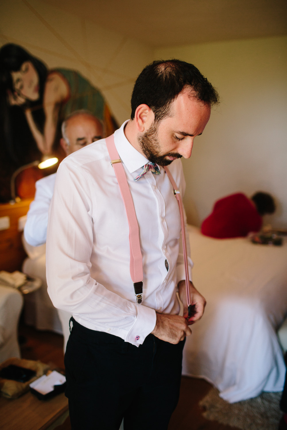 Pink Bow Tie Braces Groom Forest Spain Destination Wedding Dan Hough Photography