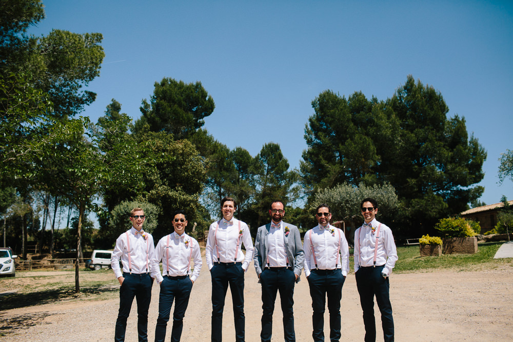 Groom Groomsmen Bow Tie Braces Pink Mismatched Forest Spain Destination Wedding Dan Hough Photography
