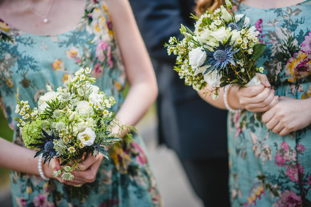 Bridesmaids Floral Dress Bouquet Sea Holly White Flower Hargate Hall Wedding Pixies in the Cellar