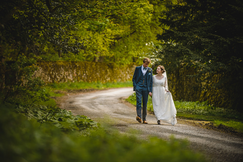 Bride Bridal Scoop Neck Lace Sleeve Dress Gown Blue Tweed Suit Bow Tie Groom Veil Hargate Hall Wedding Pixies in the Cellar