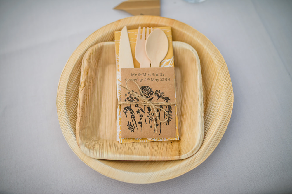 Wooden Cutlery Bamboo Vegware Plates Wildflower Seeds Hargate Hall Wedding Pixies in the Cellar