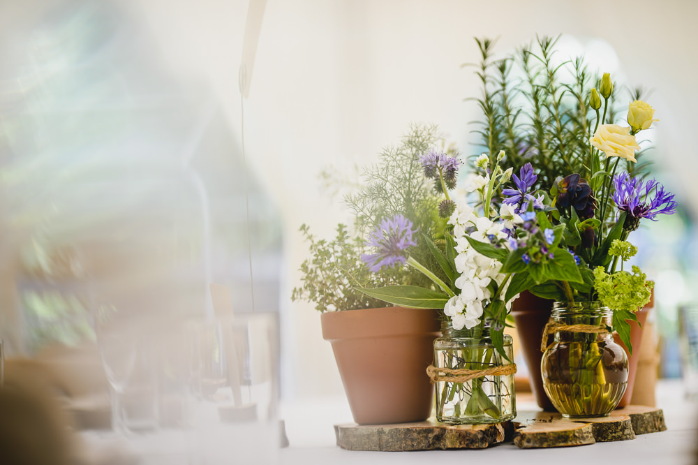 Pots Jam Jars Flowers Florals Wood Slice String Hargate Hall Wedding Pixies in the Cellar