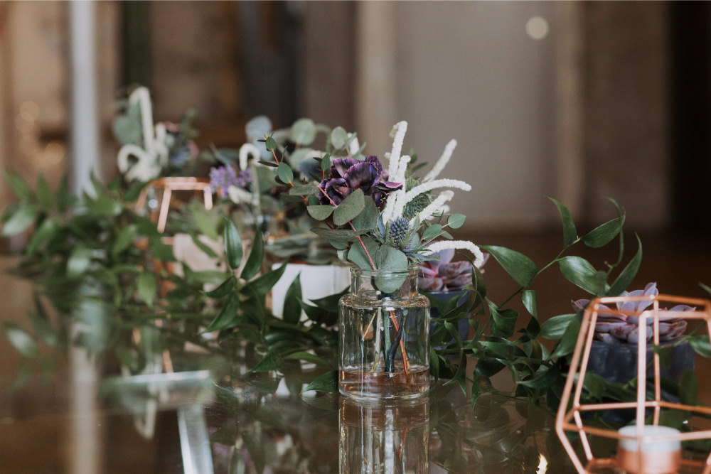 Table Flowers Jars Bottles Holmes Mill Wedding Siobhan Amy Photography