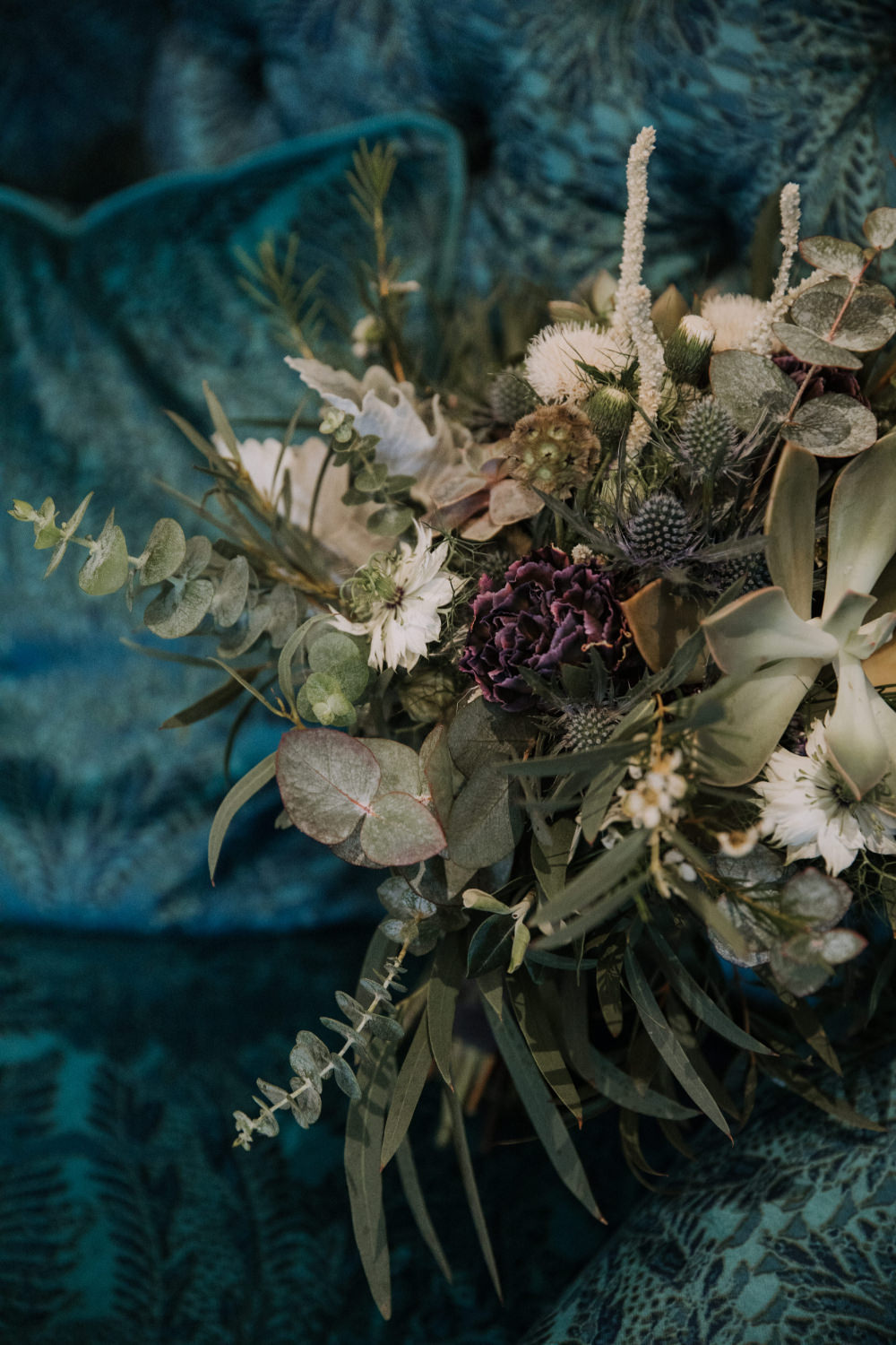 Bouquet Flowers Bride Bridal Thistle Greenery Foliage Eucalyptus Nigella Holmes Mill Wedding Siobhan Amy Photography