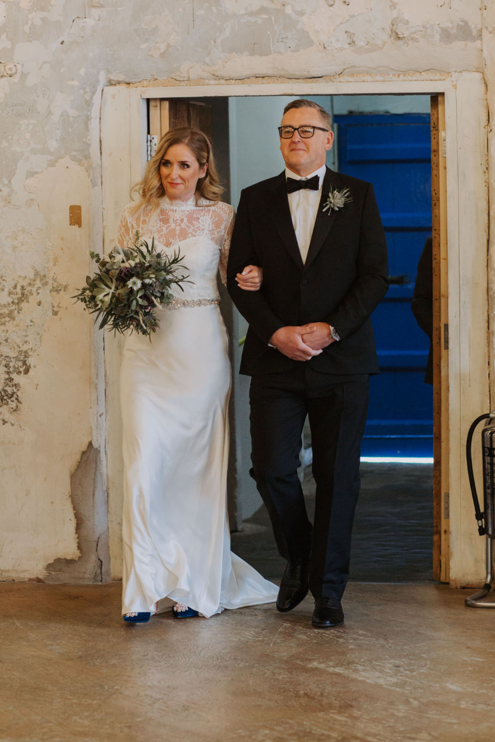 Dress Gown Bride Bridal Lace Sleeves Flowing Train Catherine Deane Holmes Mill Wedding Siobhan Amy Photography
