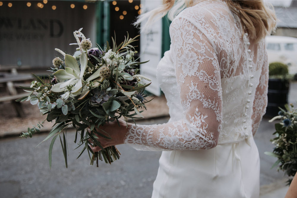 Bouquet Flowers Bride Bridal Thistle Greenery Foliage Eucalyptus Nigella Holmes Mill Wedding Siobhan Amy Photography