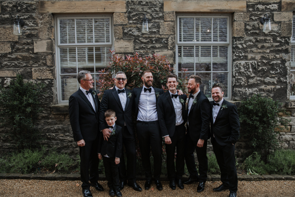 Groom Suit Tux Tuxedo Bow Tie Groomsmen Holmes Mill Wedding Siobhan Amy Photography