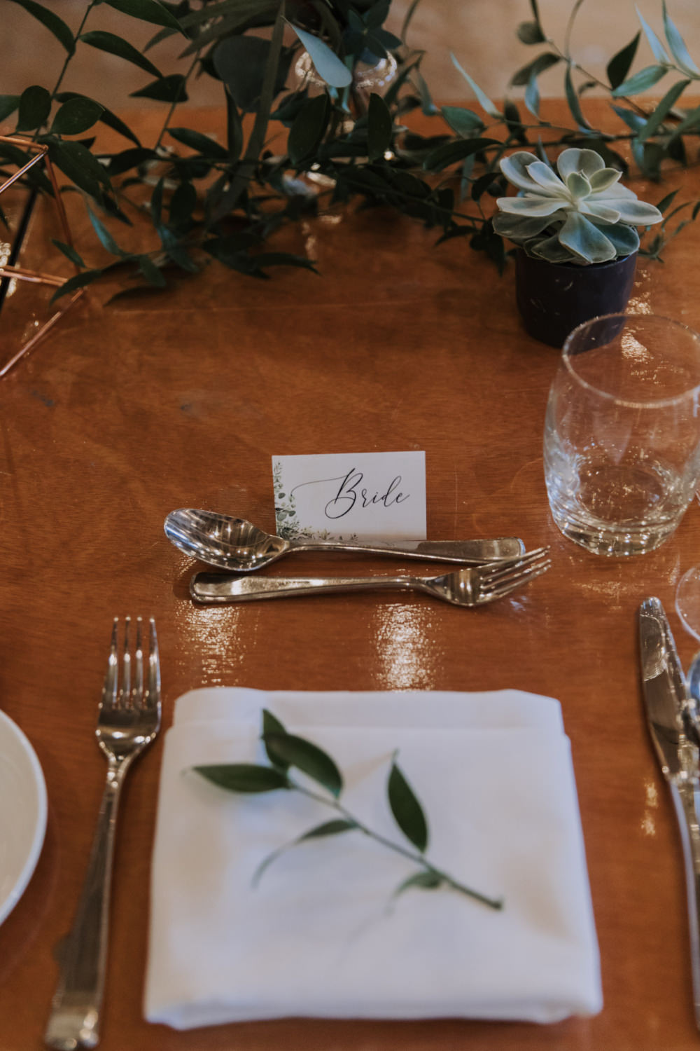 Place Setting Decor Greenery Foliage Succulents Calligraphy Name Tag Card Holmes Mill Wedding Siobhan Amy Photography