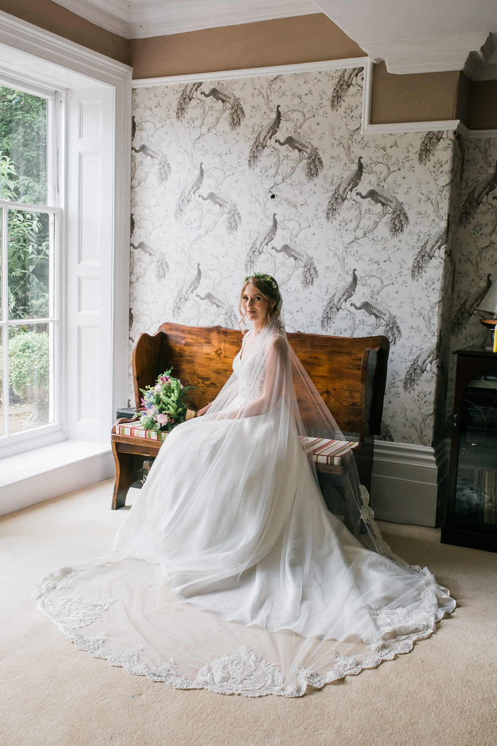 Bride Bridal V Neck A Line Dress Gown Lace Edged Veil Flower Crown Multicoloured Bouquet Lincolnshire Tipi Wedding Jessy Jones Photography