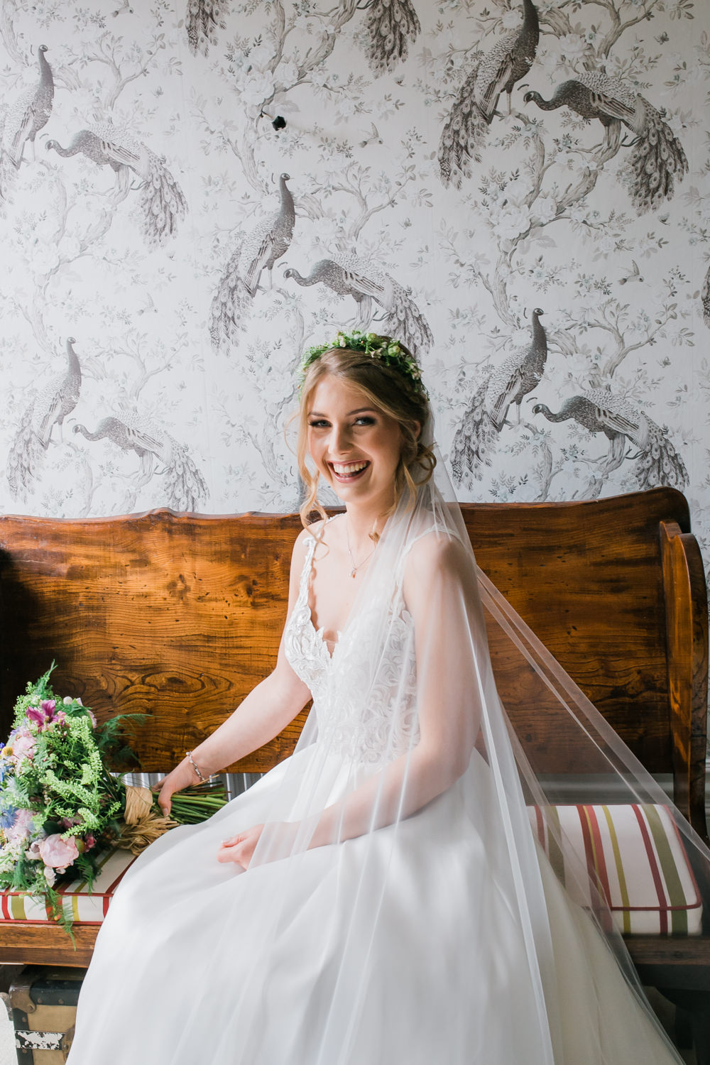 Bride Bridal V Neck A Line Dress Gown Lace Edged Veil Flower Crown Multicoloured Bouquet Lincolnshire Tipi Wedding Jessy Jones Photography