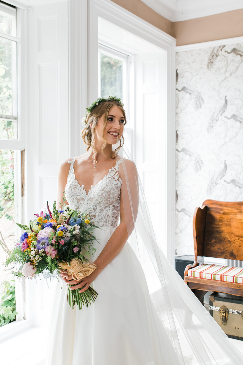 Bride Bridal V Neck A Line Dress Gown Lace Edged Veil Flower Crown Multicoloured Bouquet Lincolnshire Tipi Wedding Jessy Jones Photography