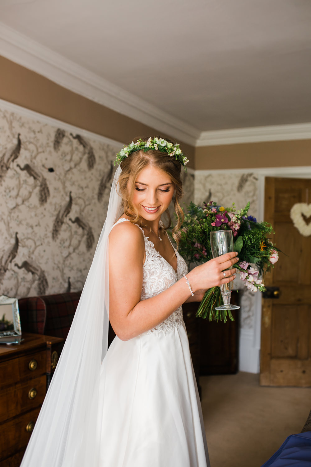 Bride Bridal V Neck A Line Dress Gown Lace Edged Veil Flower Crown Multicoloured Bouquet Lincolnshire Tipi Wedding Jessy Jones Photography