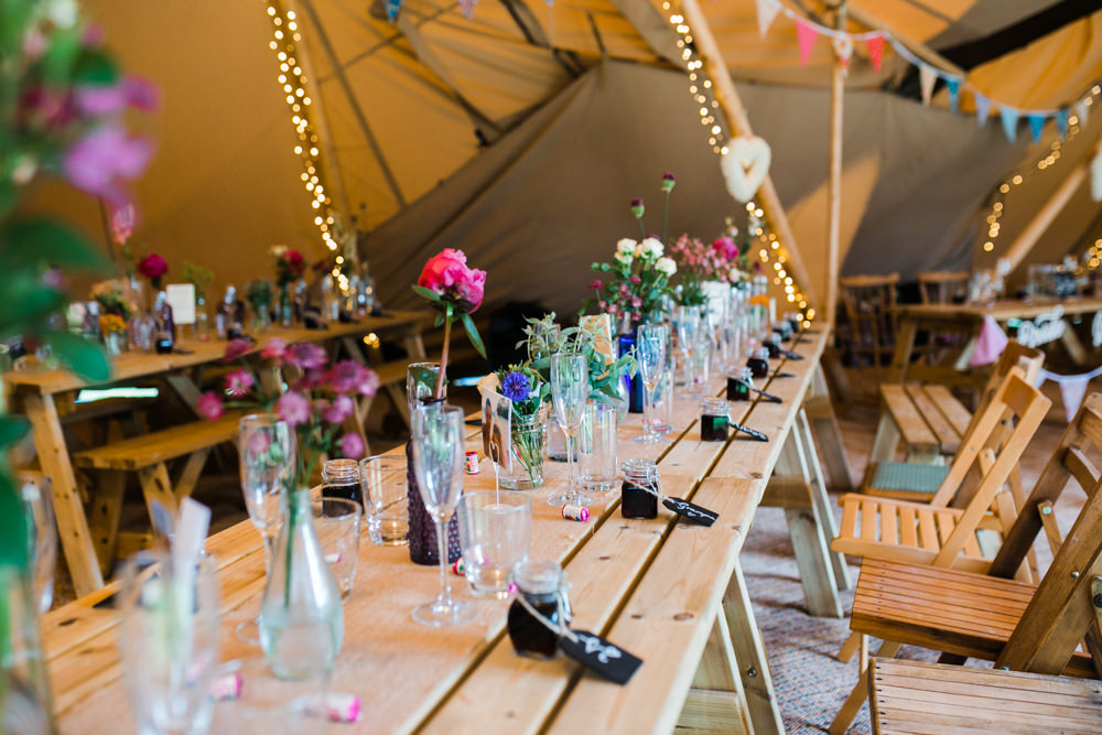 Wooden Rustic Furniture Fairy Lights Bunting Multicoloured Flowers Lincolnshire Tipi Wedding Jessy Jones Photography