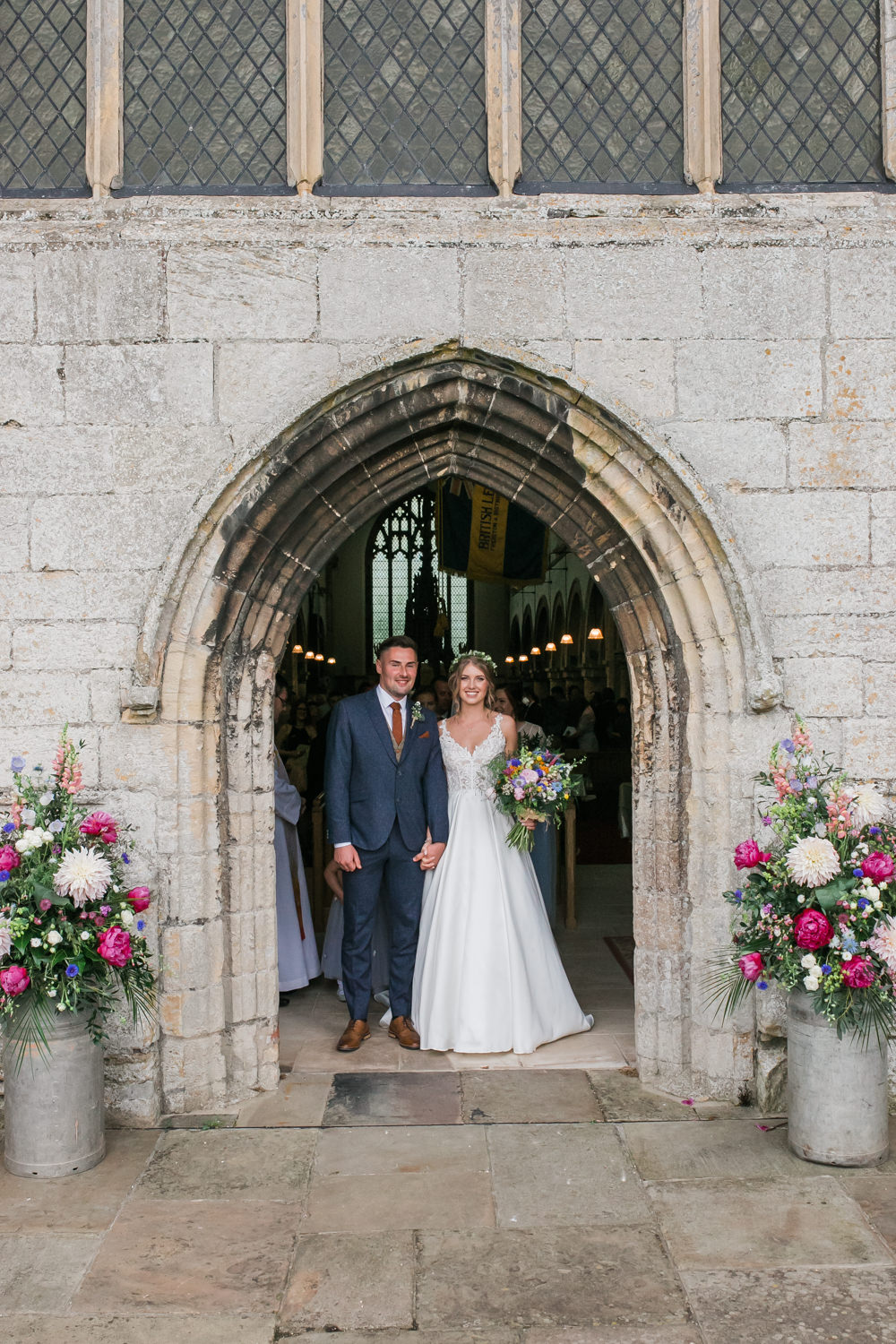 Bride Bridal V Neck A Line Dress Gown Lace Edged Veil Flower Crown Multicoloured Bouquet Tweed Suit Groom Lincolnshire Tipi Wedding Jessy Jones Photography