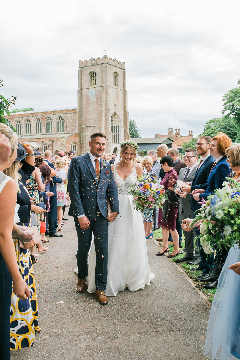 Bride Bridal V Neck A Line Dress Gown Lace Edged Veil Flower Crown Multicoloured Bouquet Tweed Suit Groom Confetti Lincolnshire Tipi Wedding Jessy Jones Photography