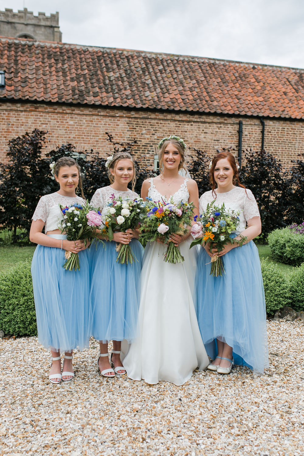 Bride Bridal V Neck A Line Dress Gown Lace Edged Veil Flower Crown Multicoloured Bouquet Blue Tull Skirt Bridesmaids Lincolnshire Tipi Wedding Jessy Jones Photography