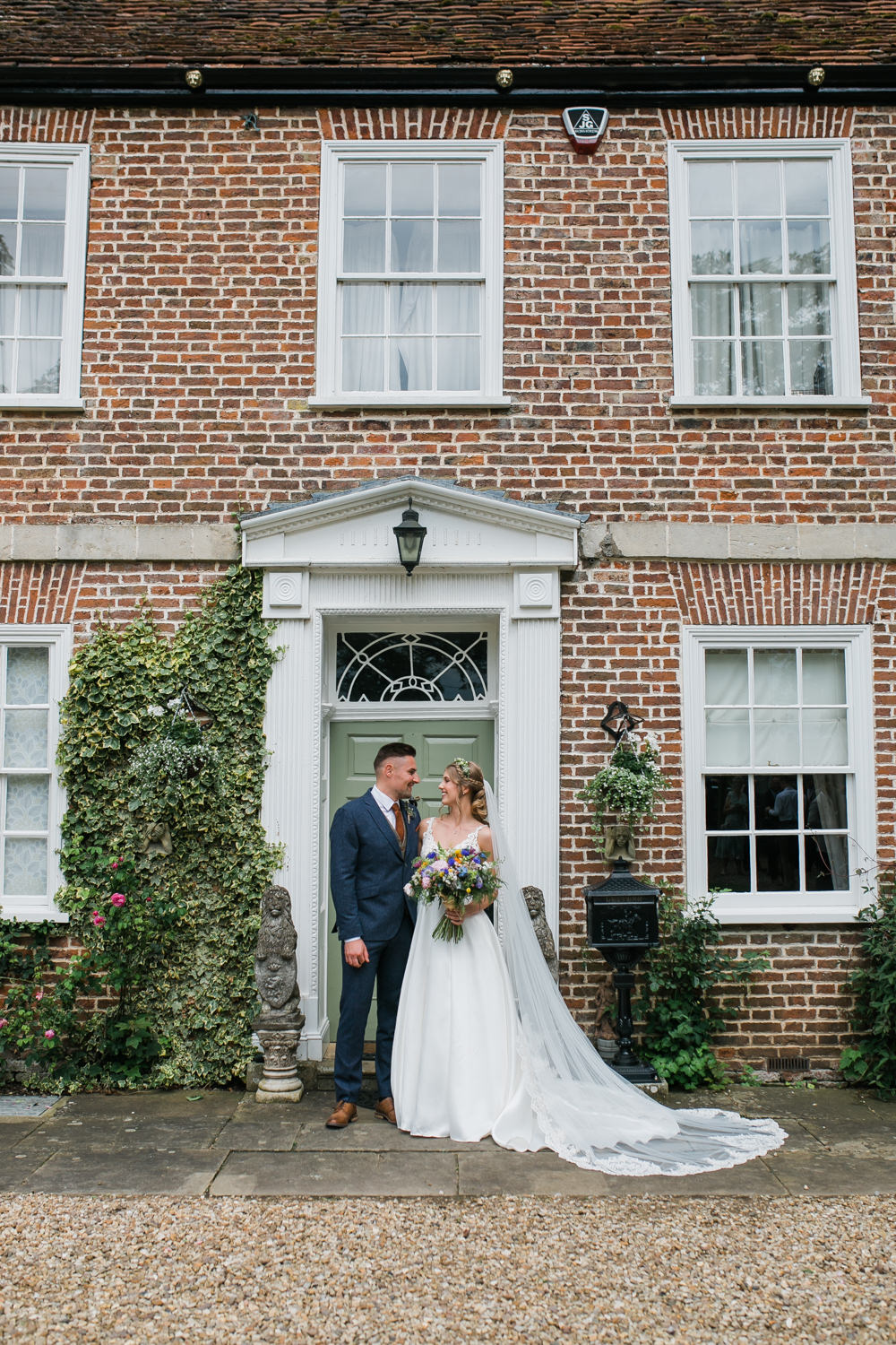 Bride Bridal V Neck A Line Dress Gown Lace Edged Veil Flower Crown Multicoloured Bouquet Tweed Suit Groom Lincolnshire Tipi Wedding Jessy Jones Photography