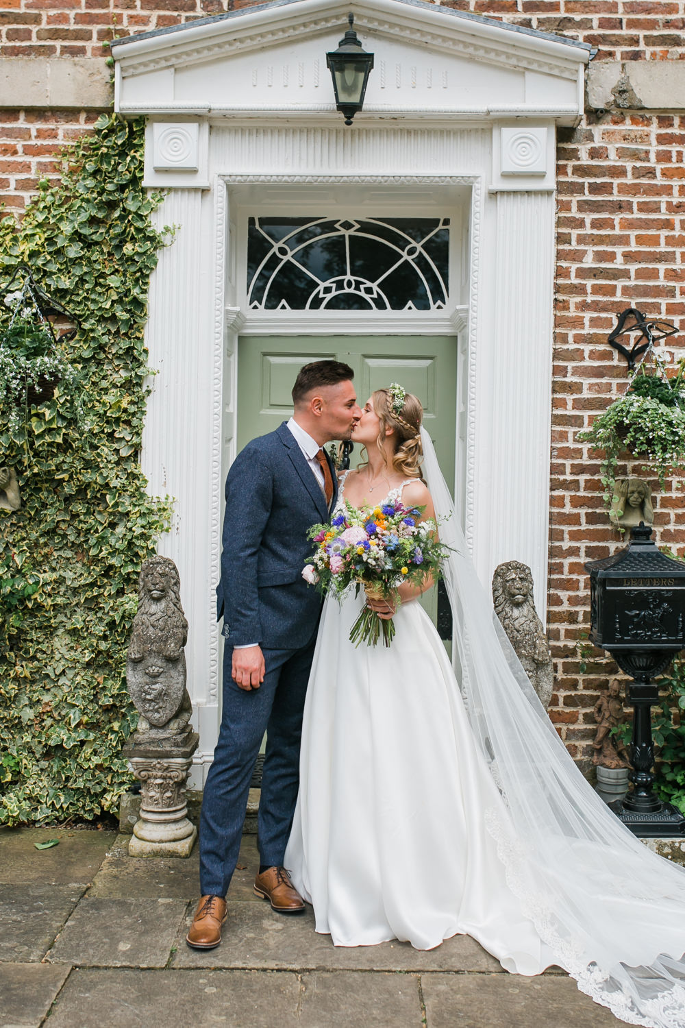 Bride Bridal V Neck A Line Dress Gown Tweed Suit Groom Veil Multicoloured Bouquet Lincolnshire Tipi Wedding Jessy Jones Photography