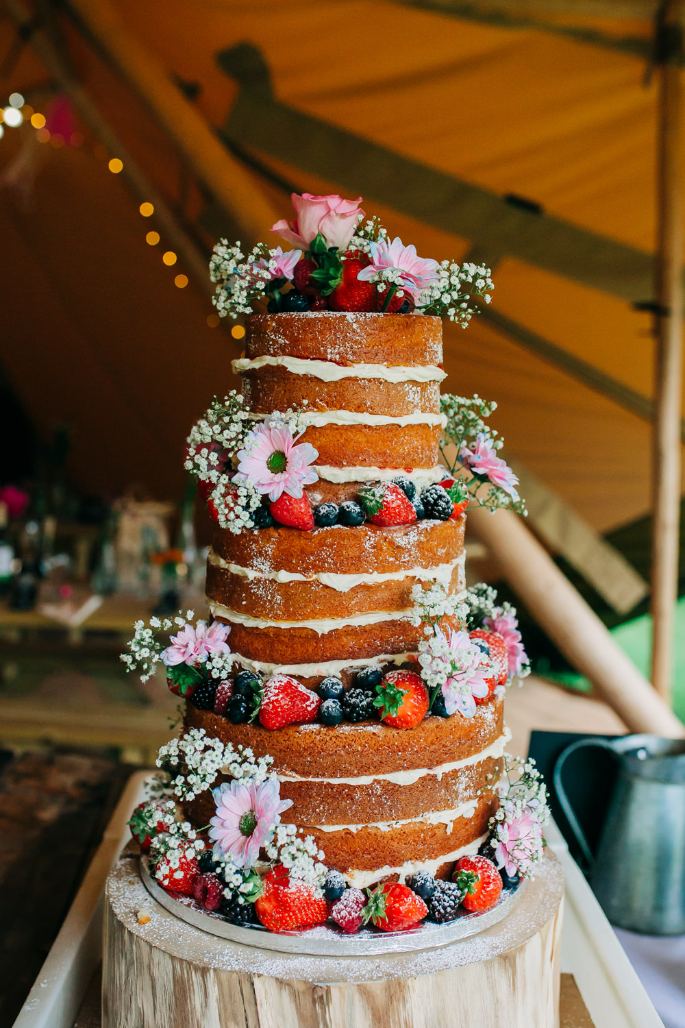 Victoria Sponge Cake Flowers Fruit Wood Slice Lincolnshire Tipi Wedding Jessy Jones Photography