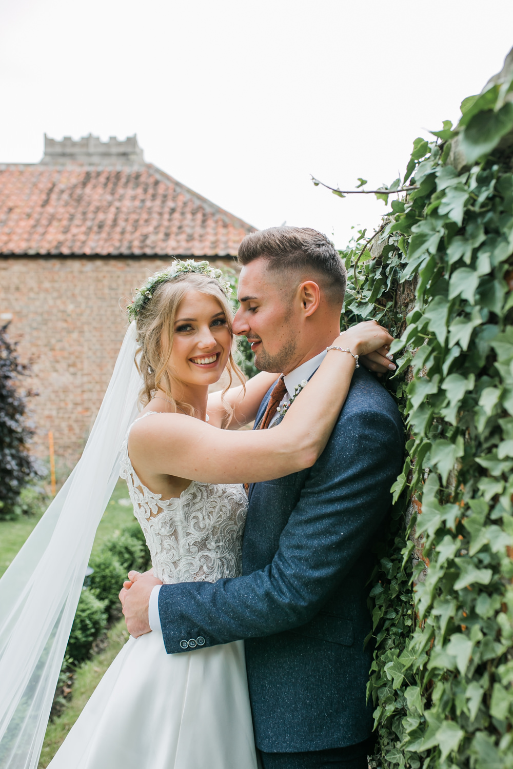 Bride Bridal V Neck A Line Dress Gown Lace Edged Veil Flower Crown Tweed Suit Groom Lincolnshire Tipi Wedding Jessy Jones Photography