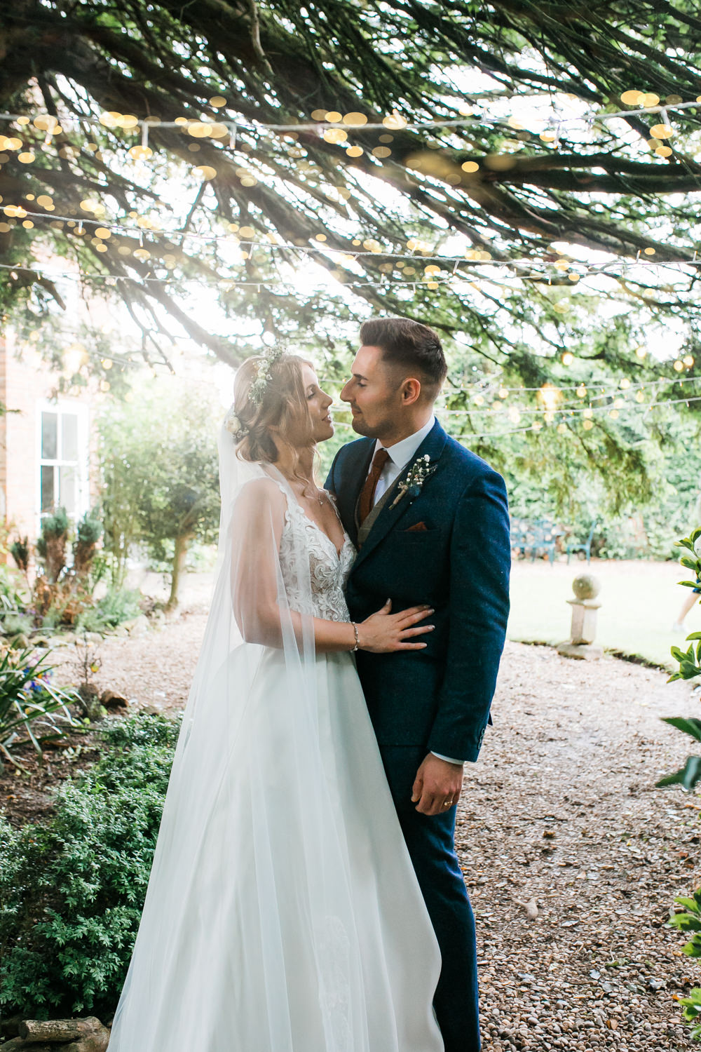 Bride Bridal V Neck A Line Dress Gown Lace Edged Veil Flower Crown Tweed Suit Groom Lincolnshire Tipi Wedding Jessy Jones Photography