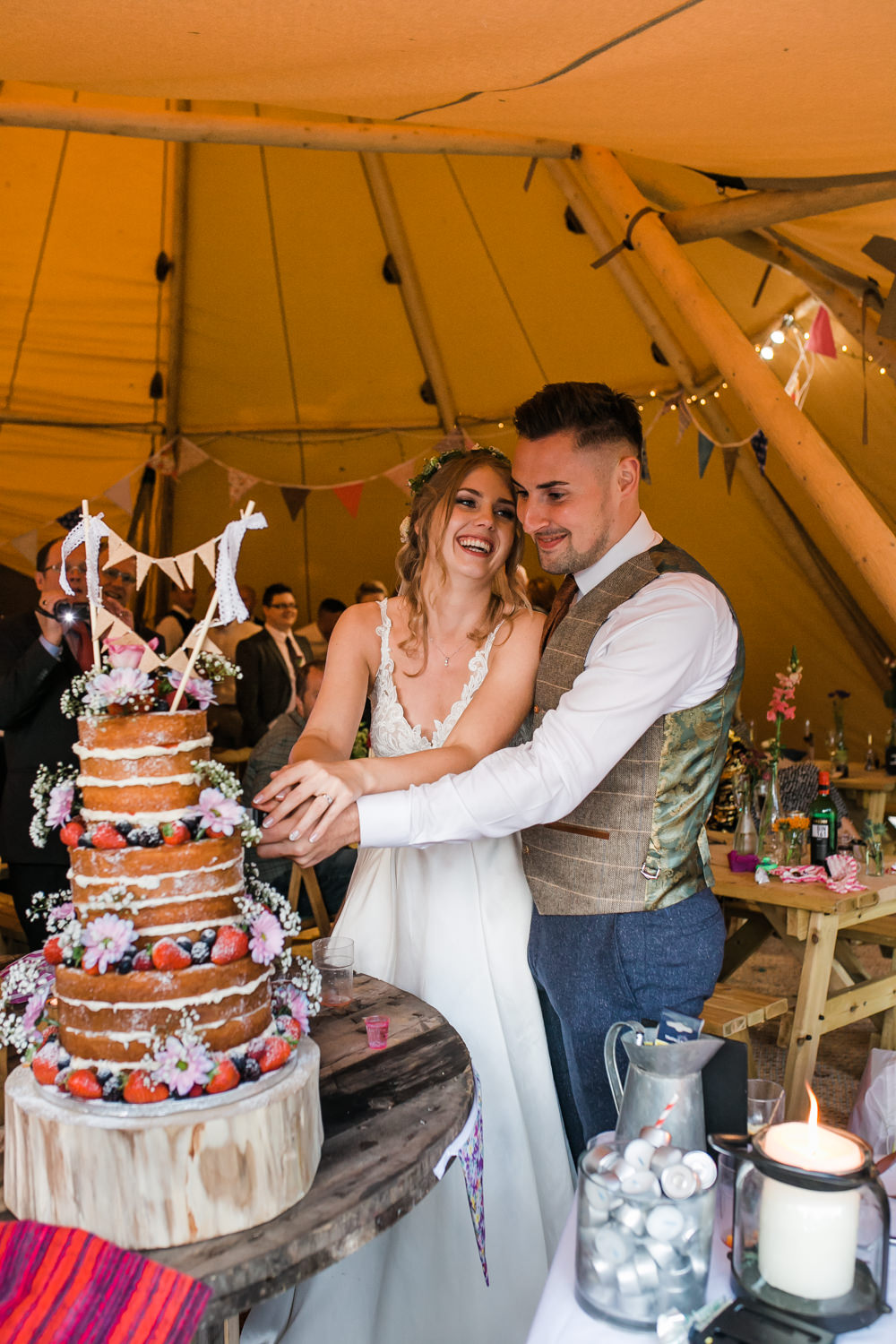 Bride Bridal V Neck A Line Dress Gown Lace Edged Veil Flower Crown Victoria Sponge Cake Bunting Waistcoat Tweed Suit Groom Lincolnshire Tipi Wedding Jessy Jones Photography
