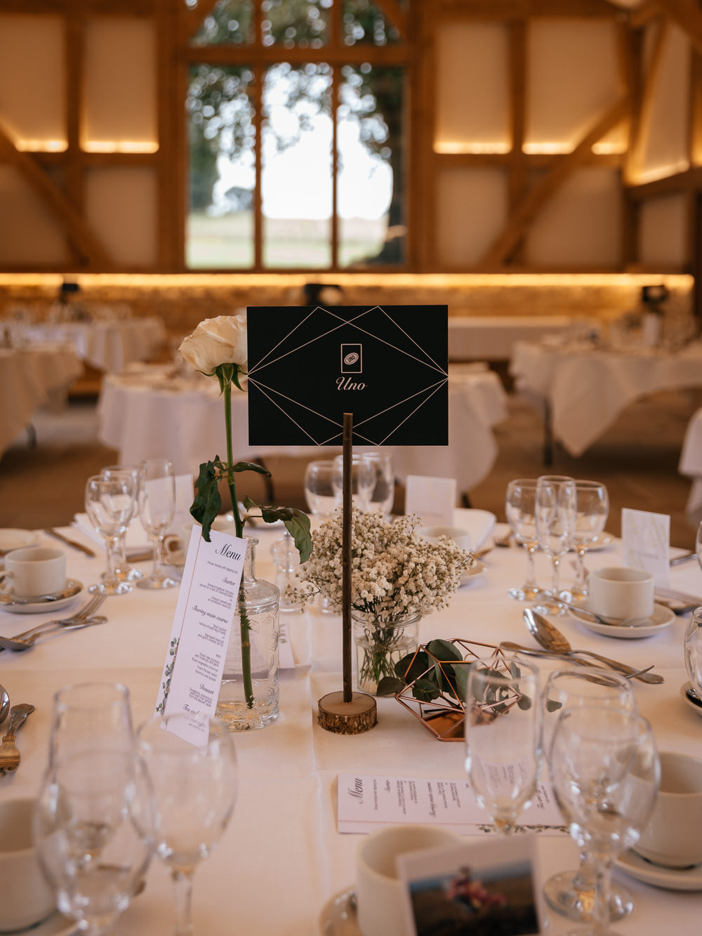 Table Centre Number Gypsophila Mickleton Hills Farm Wedding Jules Barron Photography