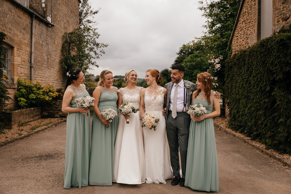 Bride Bridal Lace Embellished Dress Gown Cap Sleeve Halter Neck Sage Green Bridesmaids Mickleton Hills Farm Wedding Jules Barron Photography