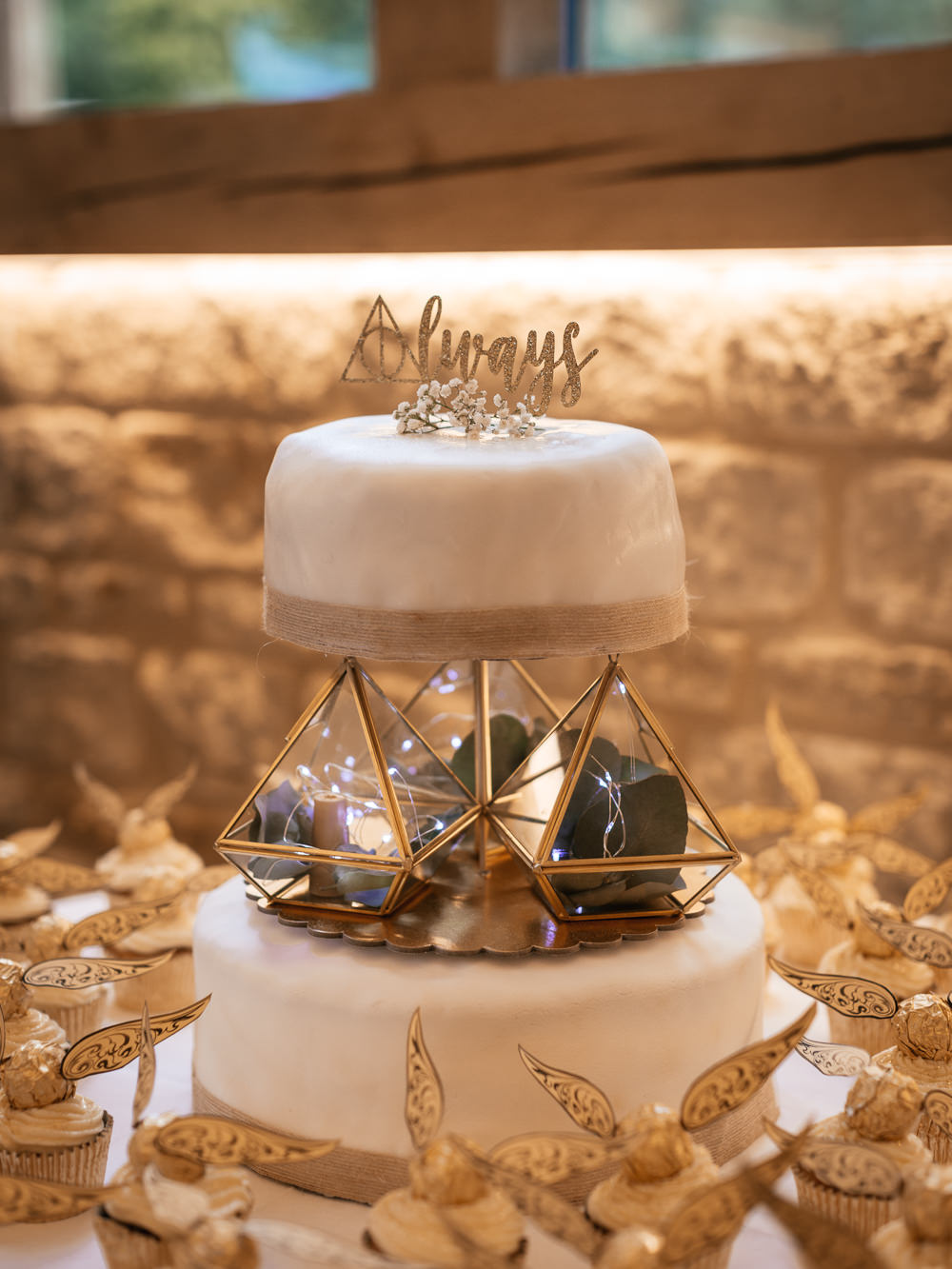Harry Potter Cake Geometric Always Golden Snitch Fairy Light Mickleton Hills Farm Wedding Jules Barron Photography