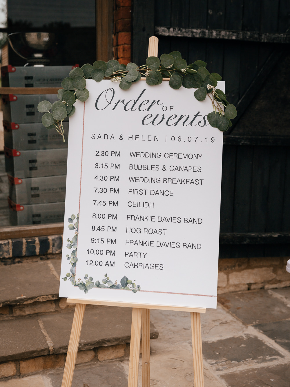 Order of the Day Sign Easel Eucalyptus Greenery Mickleton Hills Farm Wedding Jules Barron Photography