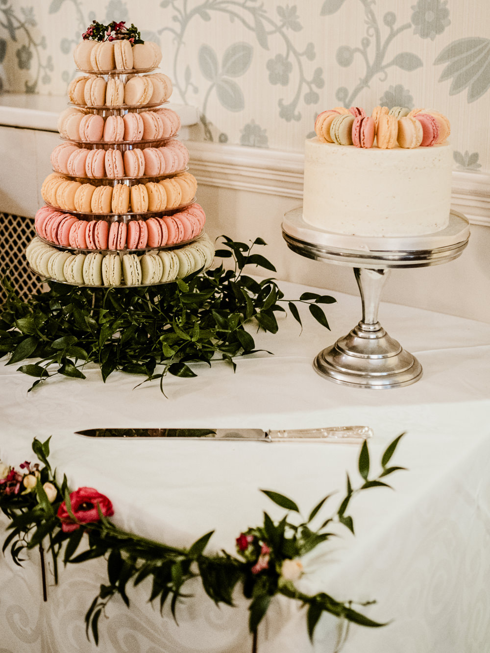 Macaron Tower Cutting Cake Buttercream Greenery Stand Peach Pink Middlethorpe Hall Wedding Andy Withey Photography