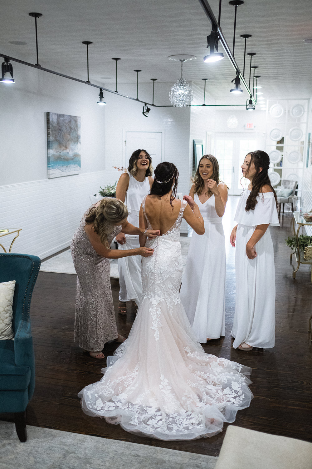 Bride Bridal Dress Gown Lace Train Fit and Flare Martin Thornburg Veil Missouri Wedding Nick Mehn Photography