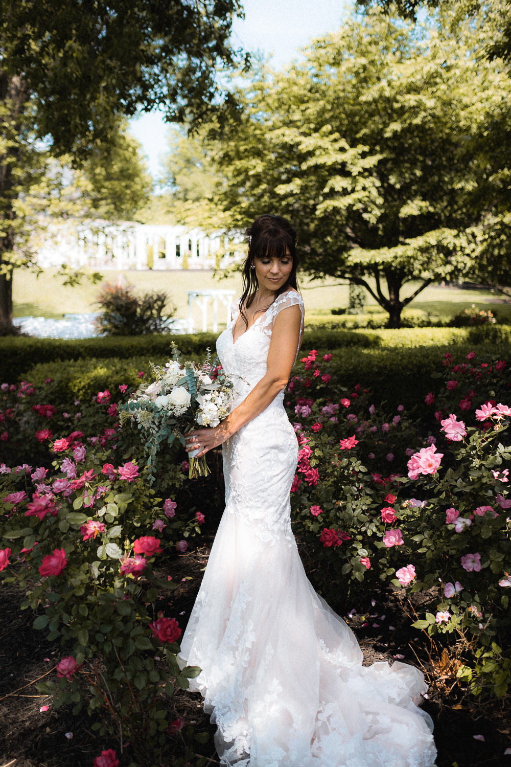 Bride Bridal Dress Gown Lace Train Fit and Flare Martin Thornburg Veil Missouri Wedding Nick Mehn Photography