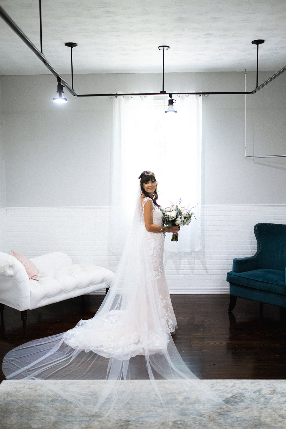 Bride Bridal Dress Gown Lace Train Fit and Flare Martin Thornburg Veil Missouri Wedding Nick Mehn Photography
