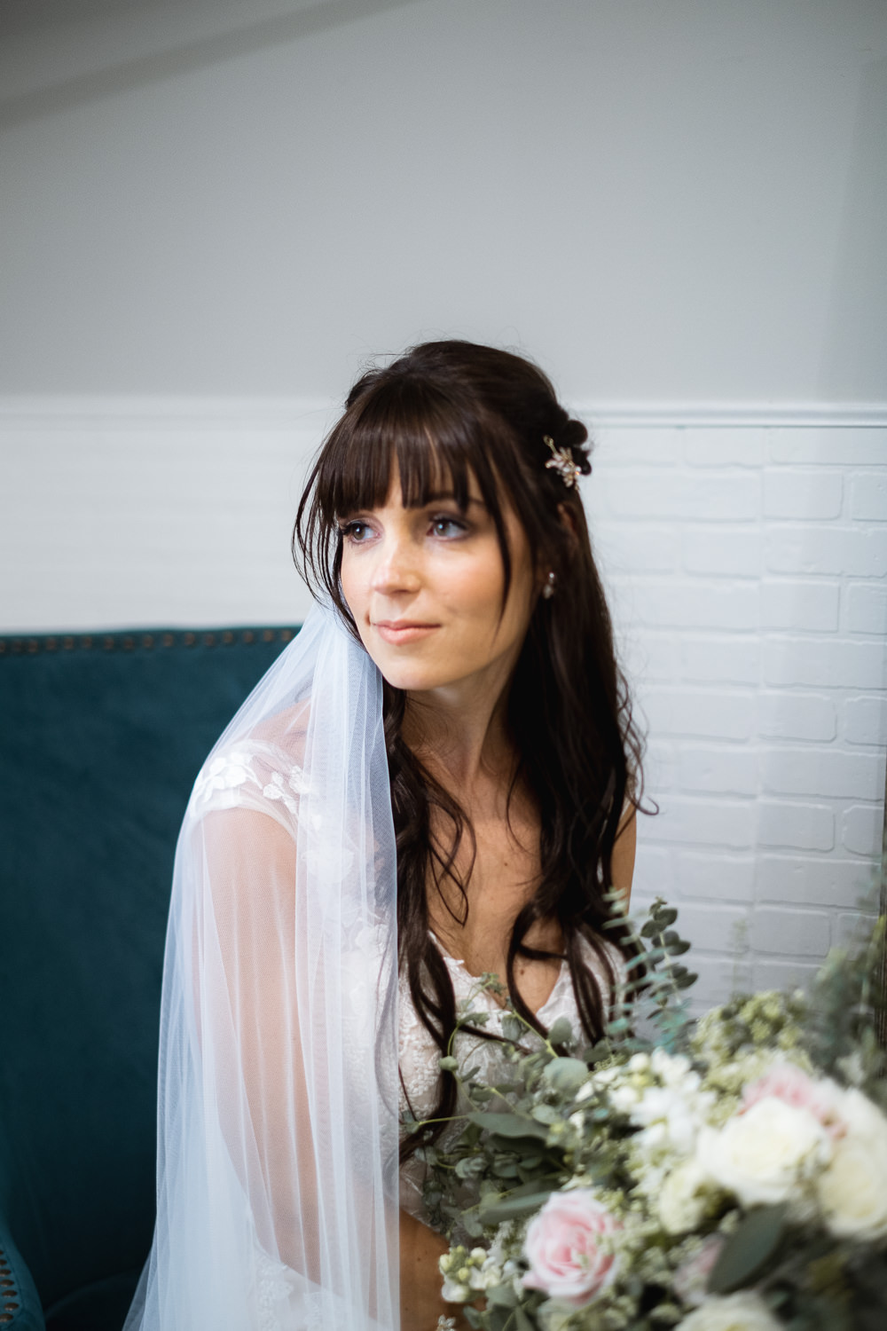 Bride Bridal Hair Long Waves Fringe Bands Boho Vine Veil Missouri Wedding Nick Mehn Photography