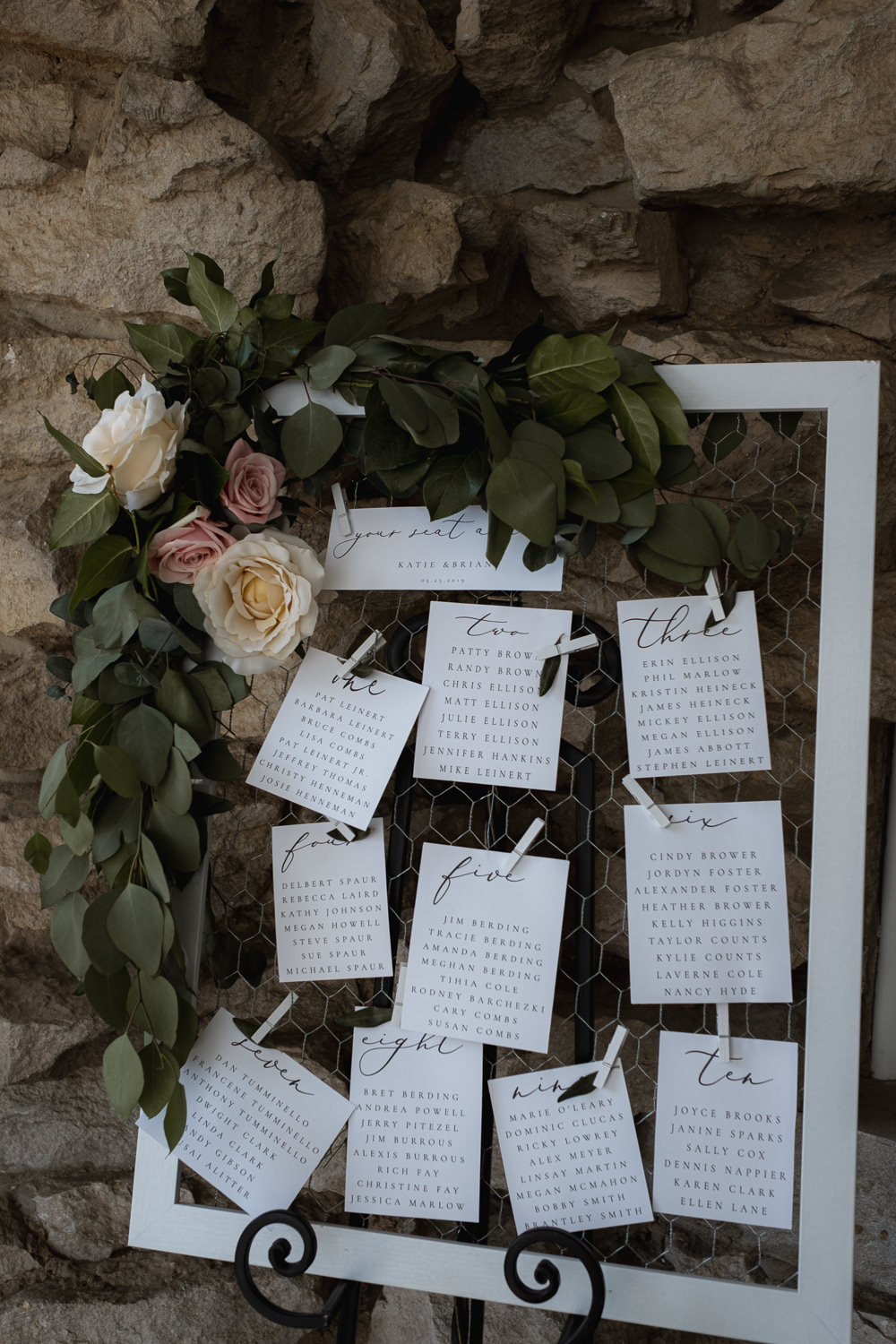 Seating Plan Table Chart Floral Flowers Greenery Foliage Pegs Wire Frame Missouri Wedding Nick Mehn Photography