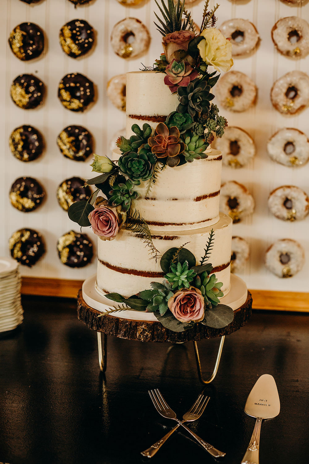 Buttercream Semi Naked Cake Flowers Greenery Donut Doughnut Wall Orlando Wedding Dani Nichol Photography