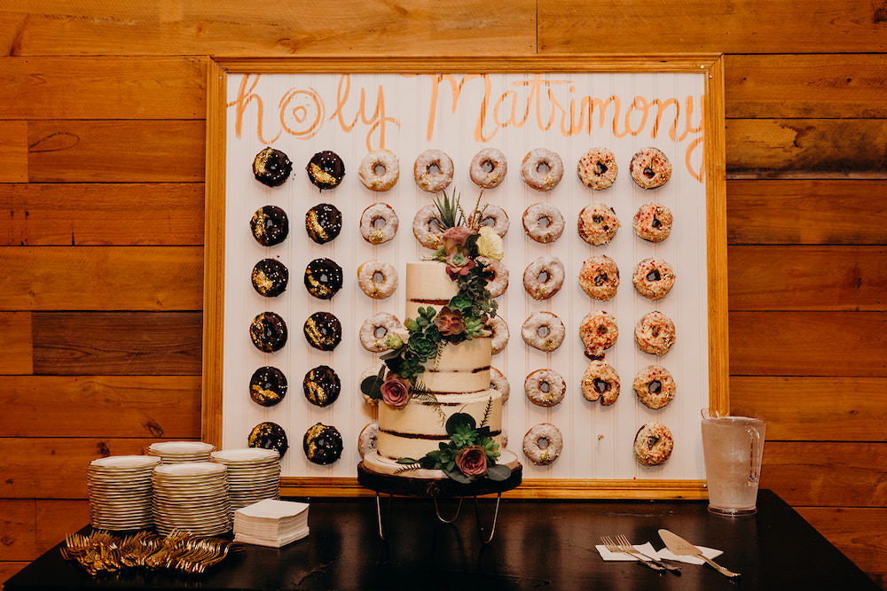Buttercream Semi Naked Cake Flowers Greenery Donut Doughnut Wall Orlando Wedding Dani Nichol Photography