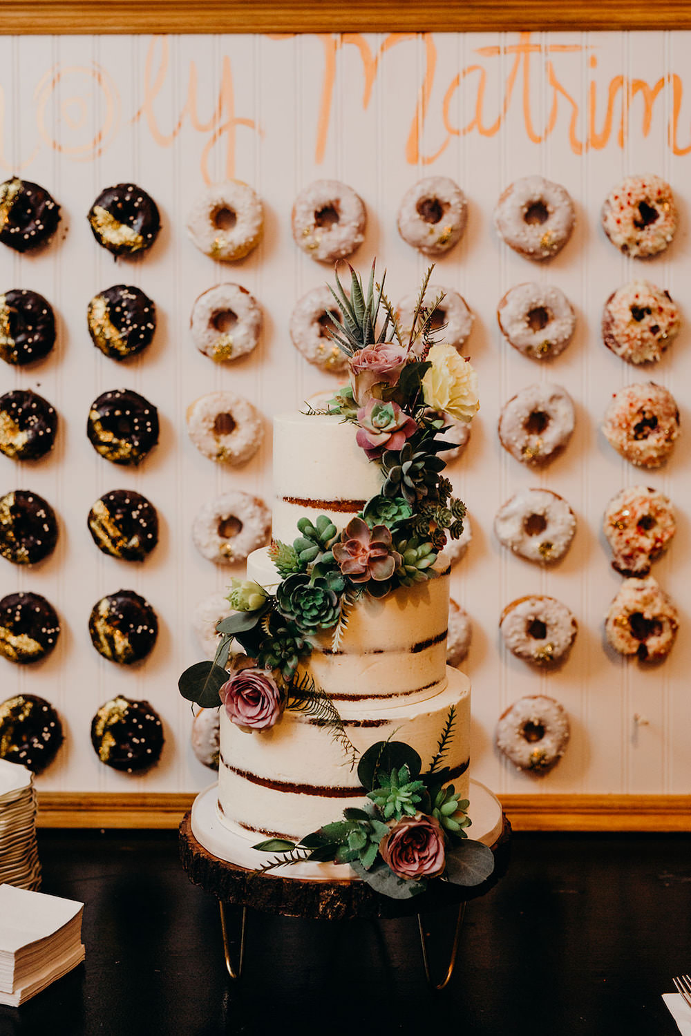 Buttercream Semi Naked Cake Flowers Greenery Donut Doughnut Wall Orlando Wedding Dani Nichol Photography