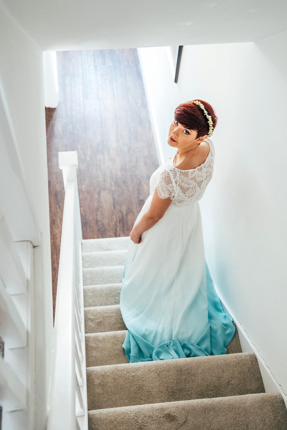 Bride Bridal Dress Gown Alternative Dip Dye Blue Colour Colourful Outdoor DIY Wedding Three Flowers Photography