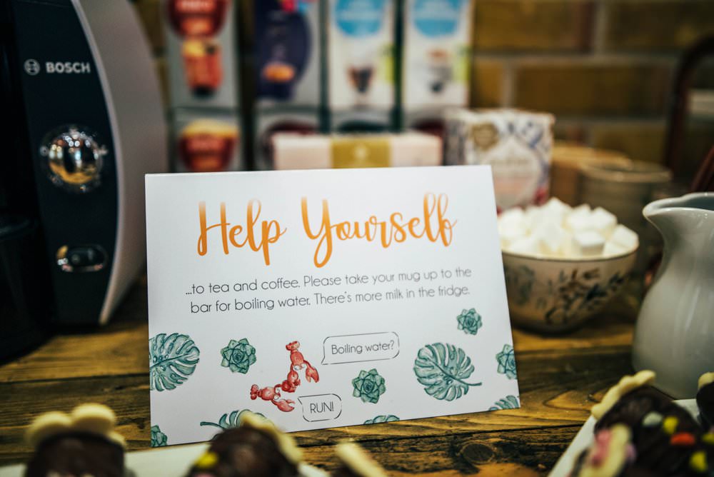 Tea Coffee Stand Station Sign Outdoor DIY Wedding Three Flowers Photography