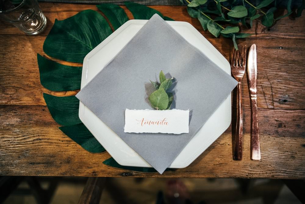 Place Setting Decor Palm Leaf Plate Grey Napkin Greenery Foliage Outdoor DIY Wedding Three Flowers Photography