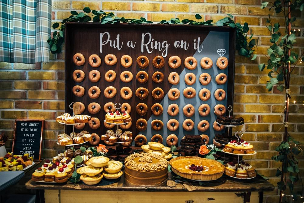 Donut Doughnut Wall Stand Cake Dessert Table Outdoor DIY Wedding Three Flowers Photography