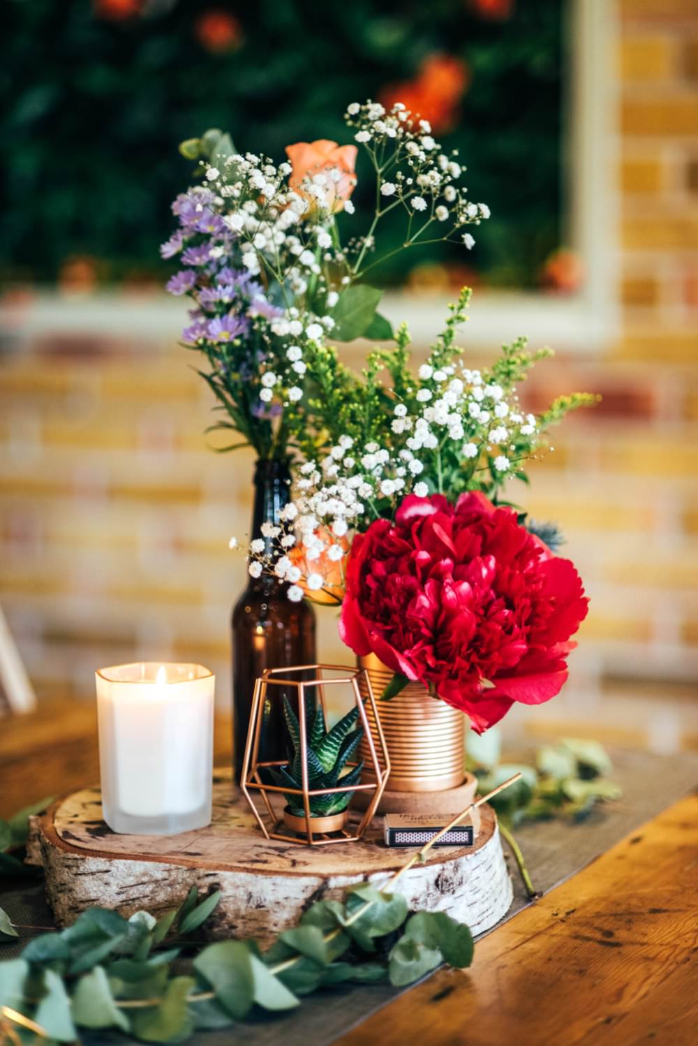 Centrepiece Table Decor Decoration Flowers Tin Can Bottle Log Slice Candle Copper Outdoor DIY Wedding Three Flowers Photography