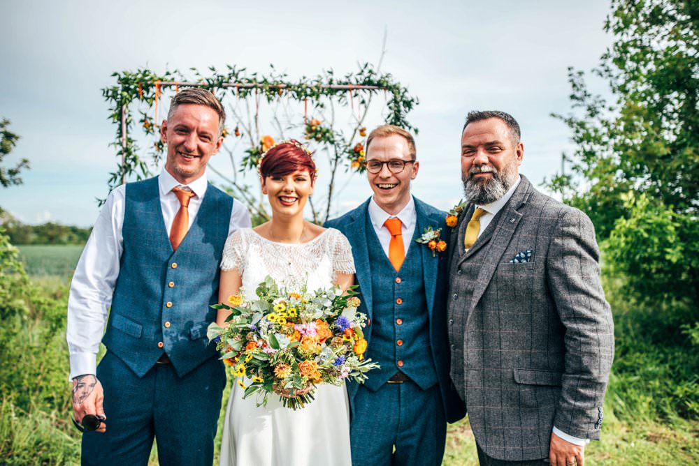 Groom Suit Blue Tweed Orange Tie Groomsmen Outdoor DIY Wedding Three Flowers Photography