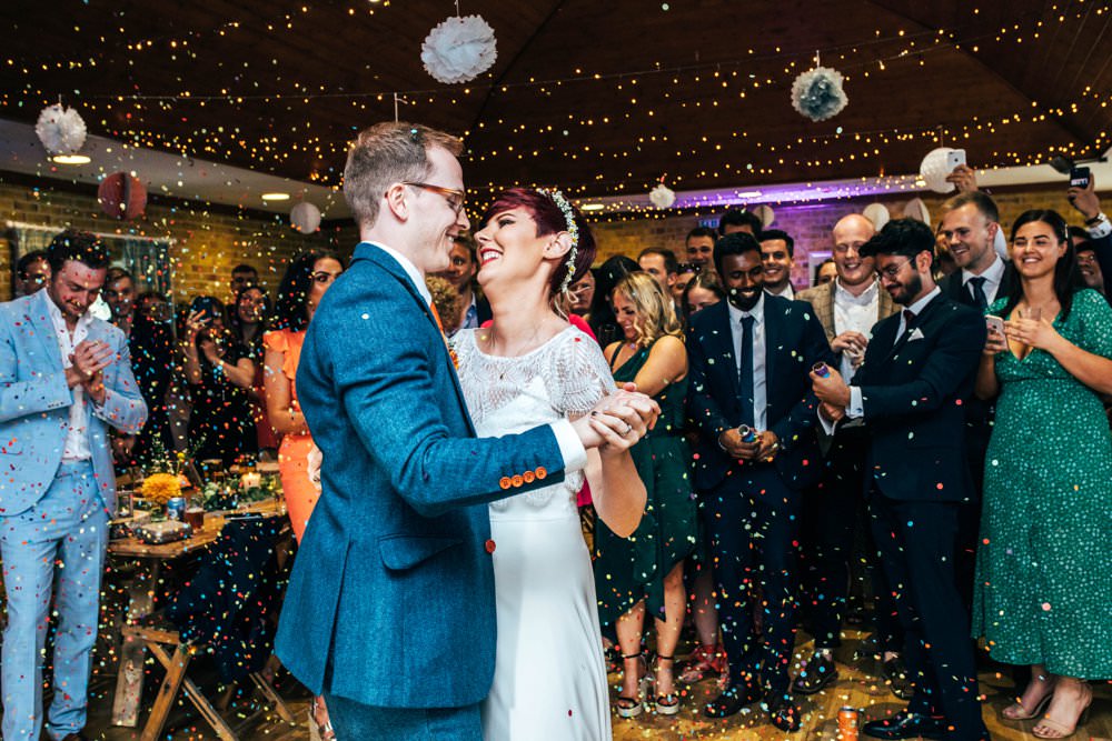 First Dance Confetti Cannon Outdoor DIY Wedding Three Flowers Photography